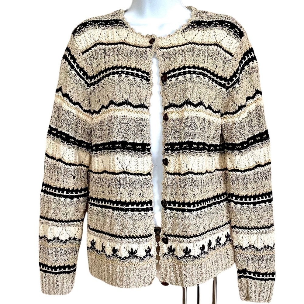 Vintage TALBOTS Hand-Knit Crochet Stripe Cardigan Sweater Sz Medium Cotton Silk